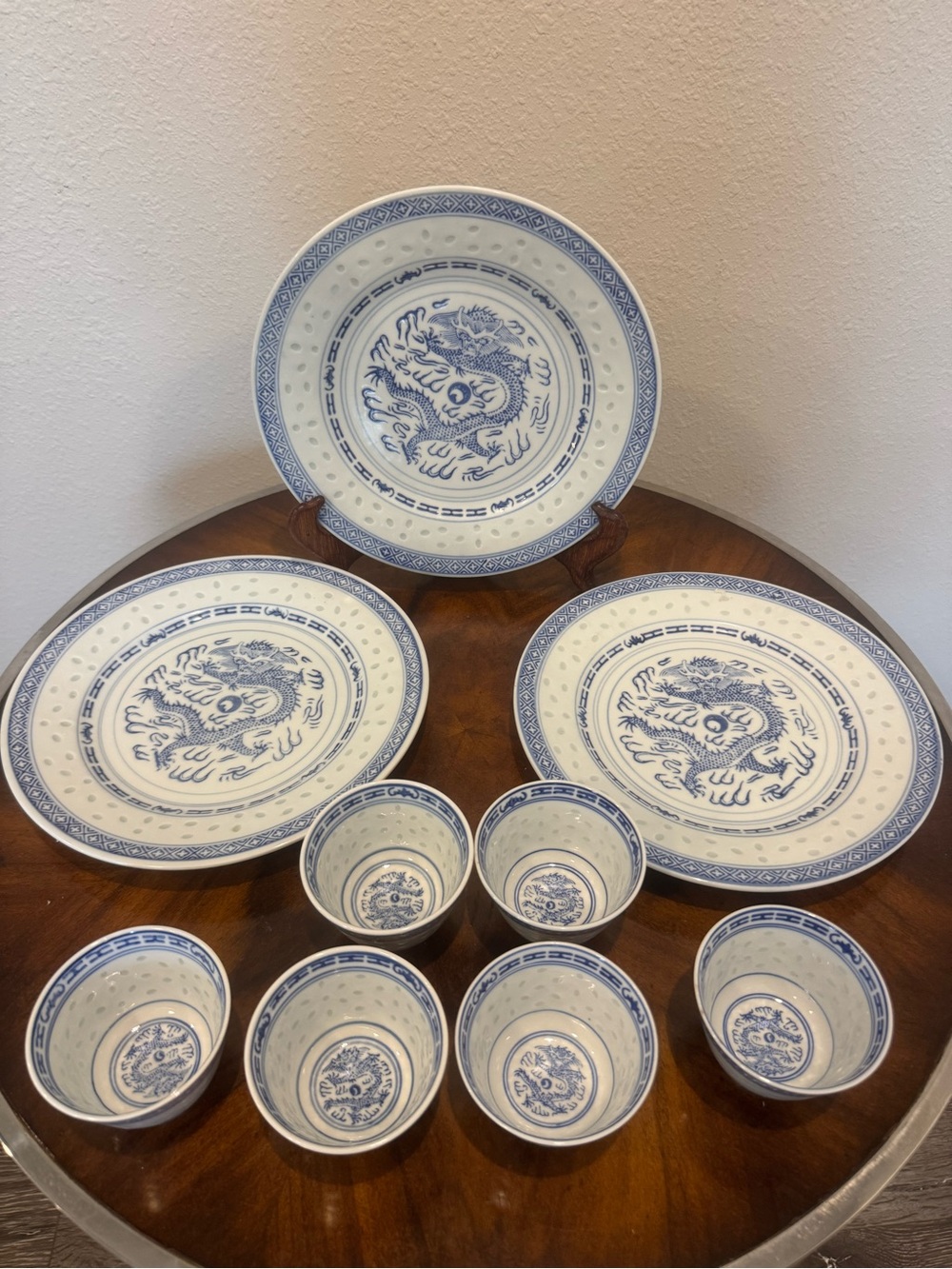 3 Jingdezhen Porcelain Dinner Plates 9” 6 Matching Porcelain Rice Bowls Dragon - Picture 11 of 16